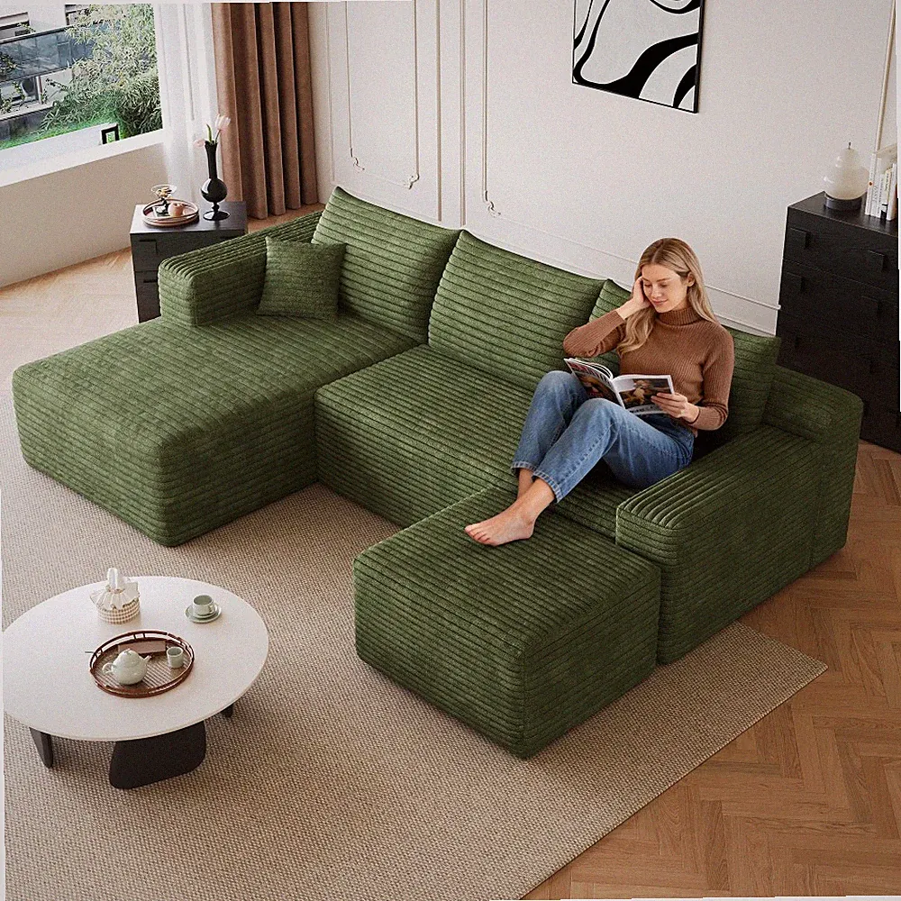 95" Cloud Sectional Sofa with 1 Ottoman Modern Minimalist Upholstered Couches