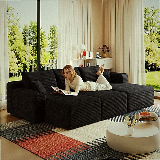 95" Cloud Sectional Sofa with 2 Ottoman,Modern Minimalist Upholstered Couches