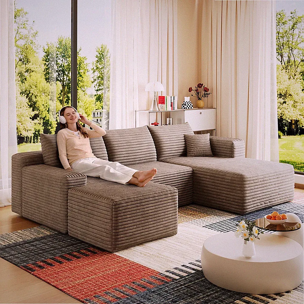 95" Cloud Sectional Sofa with Ottoman, Plush Corduroy, Camel