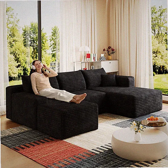 95" Cloud Sectional Sofa with Ottoman, Plush Corduroy Uphaped Couch, Black