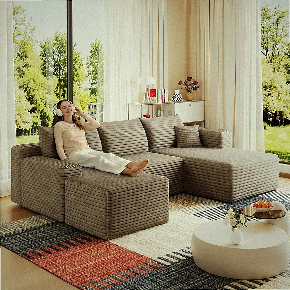 95" Cloud Sectional Sofa with Ottoman, U-Shaped, Camel Corduroy