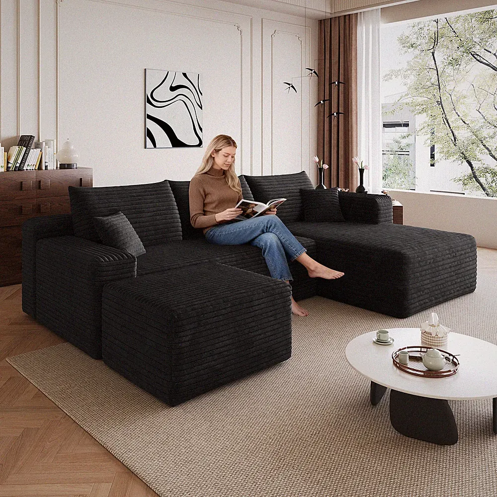 95" Cloud Sectional Sofa with Ottoman, U-Shaped Corner Couch, Plush Corduroy