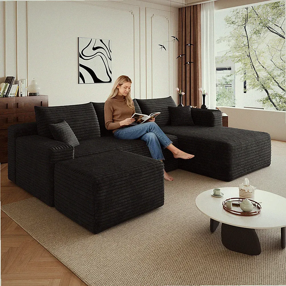 95" Cloud Sectional Sofa with Ottoman, U-Shaped, Plush Corduroy, Black