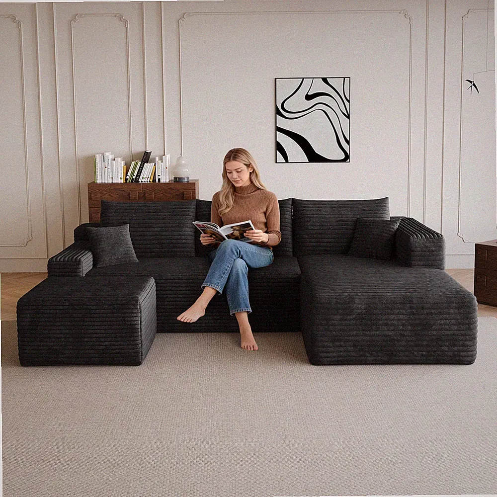 95" Cloud Sectional Sofa with Ottoman, U-Shaped, Plush Corduroy, Black