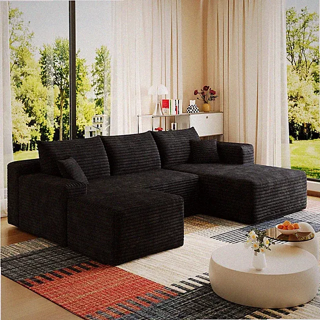 95" Cloud Sectional Sofa with Ottoman, U-Shaped, Plush Corduroy, Black