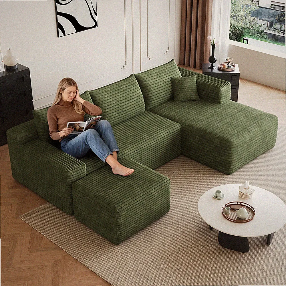 95" Cloud Sectional Sofa with Ottoman, U-Shaped, Plush Corduroy, Green