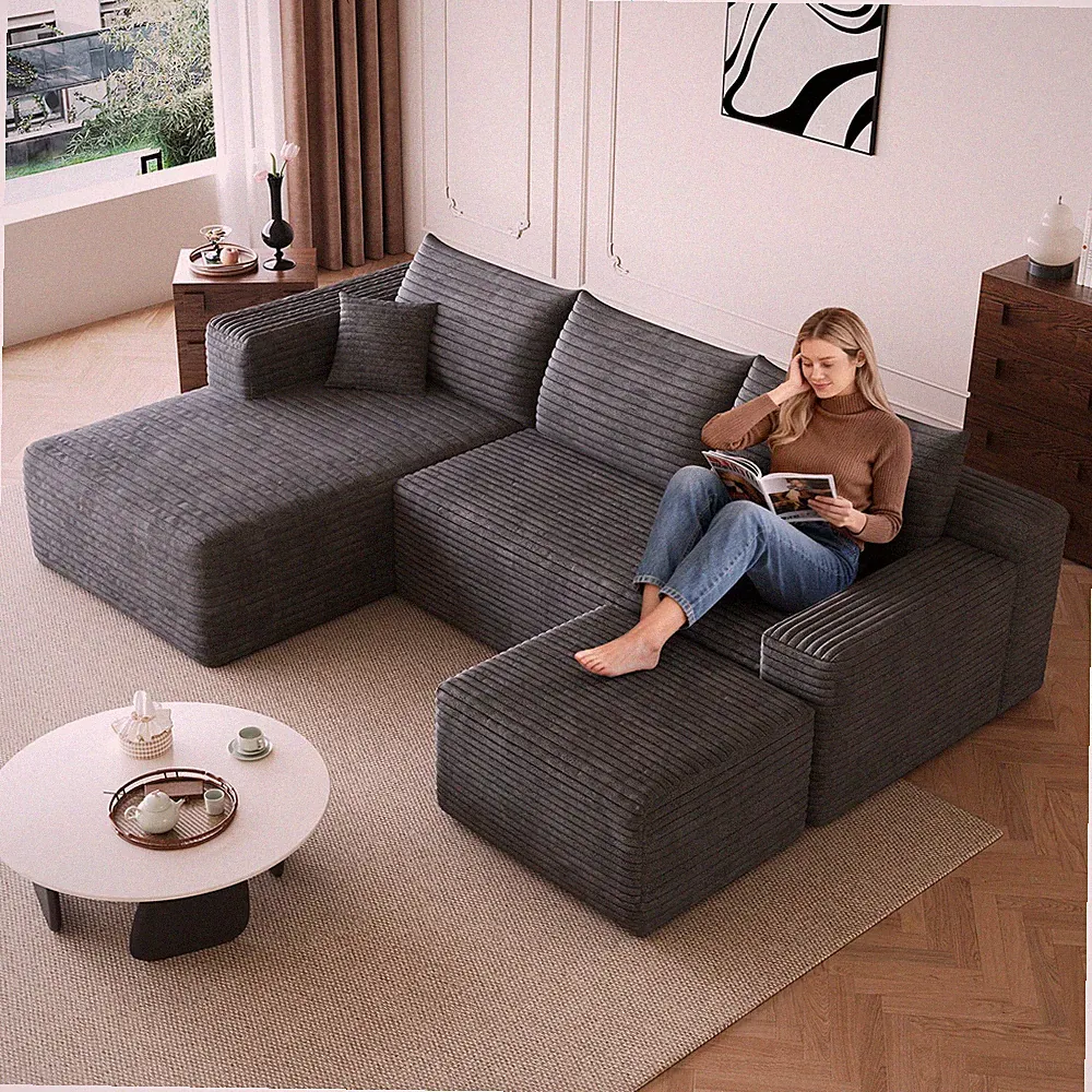 95" Cloud Sectional Sofaw/1 Ottoman,Modern Minimalist Upholstered Couches, Comf