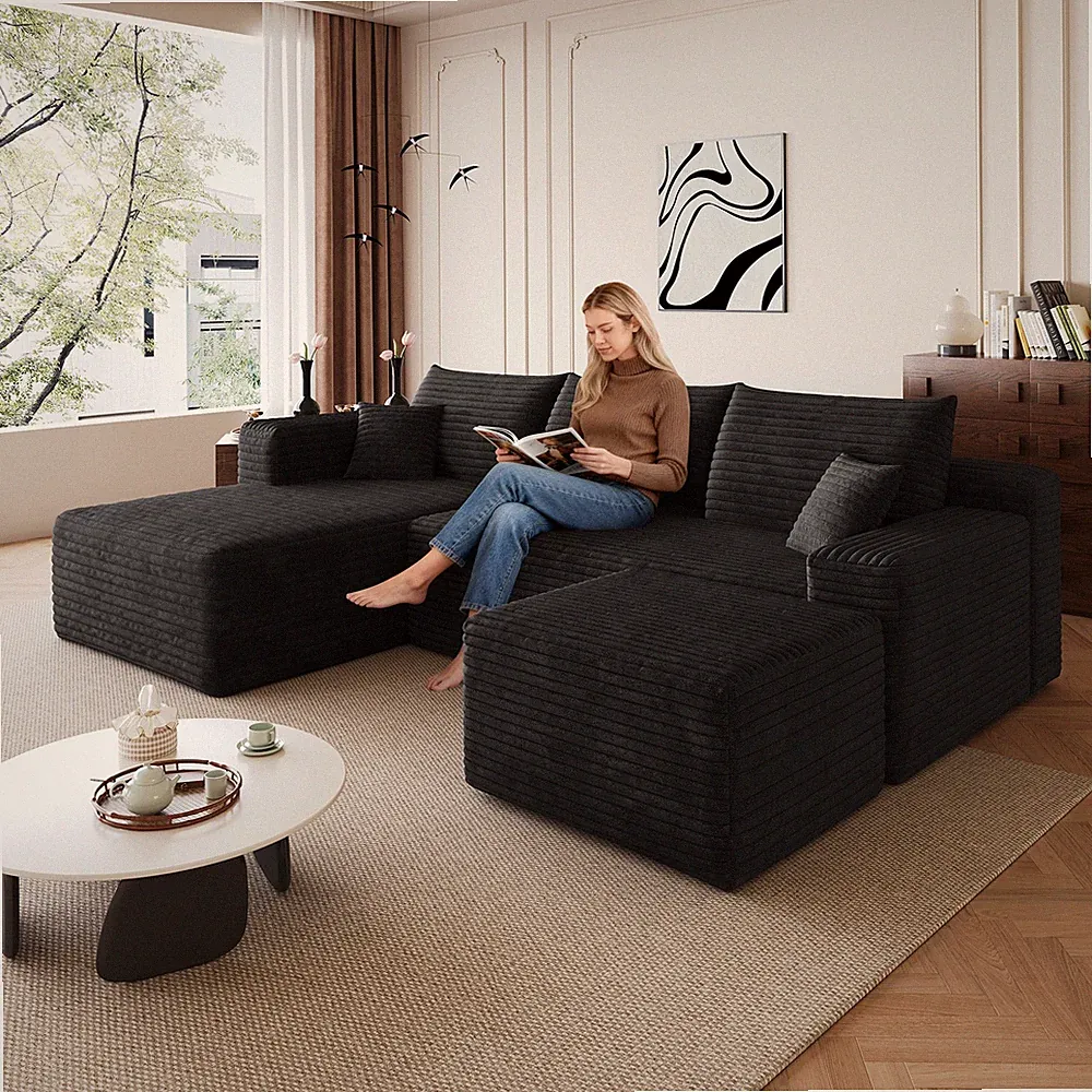 95" Cloud Sectional Sofaw/1 Ottoman,Modern Minimalist Upholstered Couches, Comfo