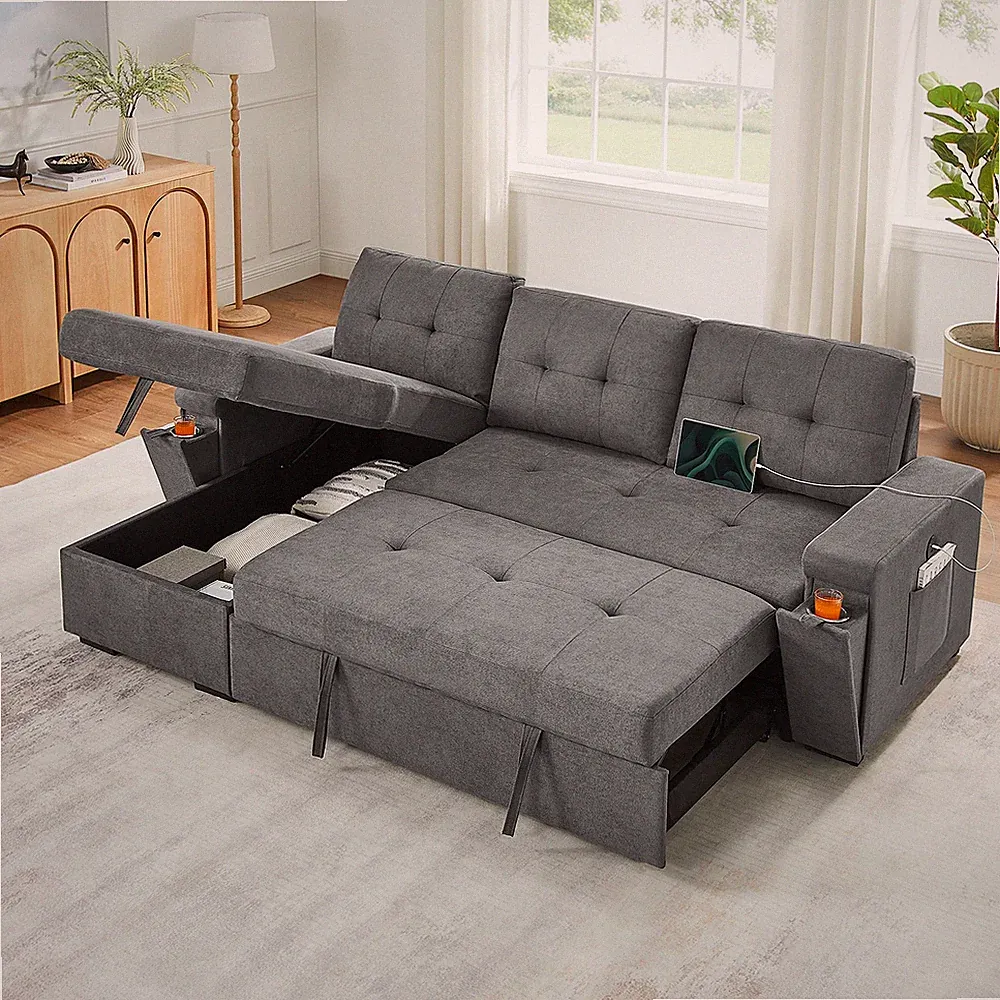 95" Gray Woven Fabric Reversible Sleeper Sectional Sofa w/ Storage