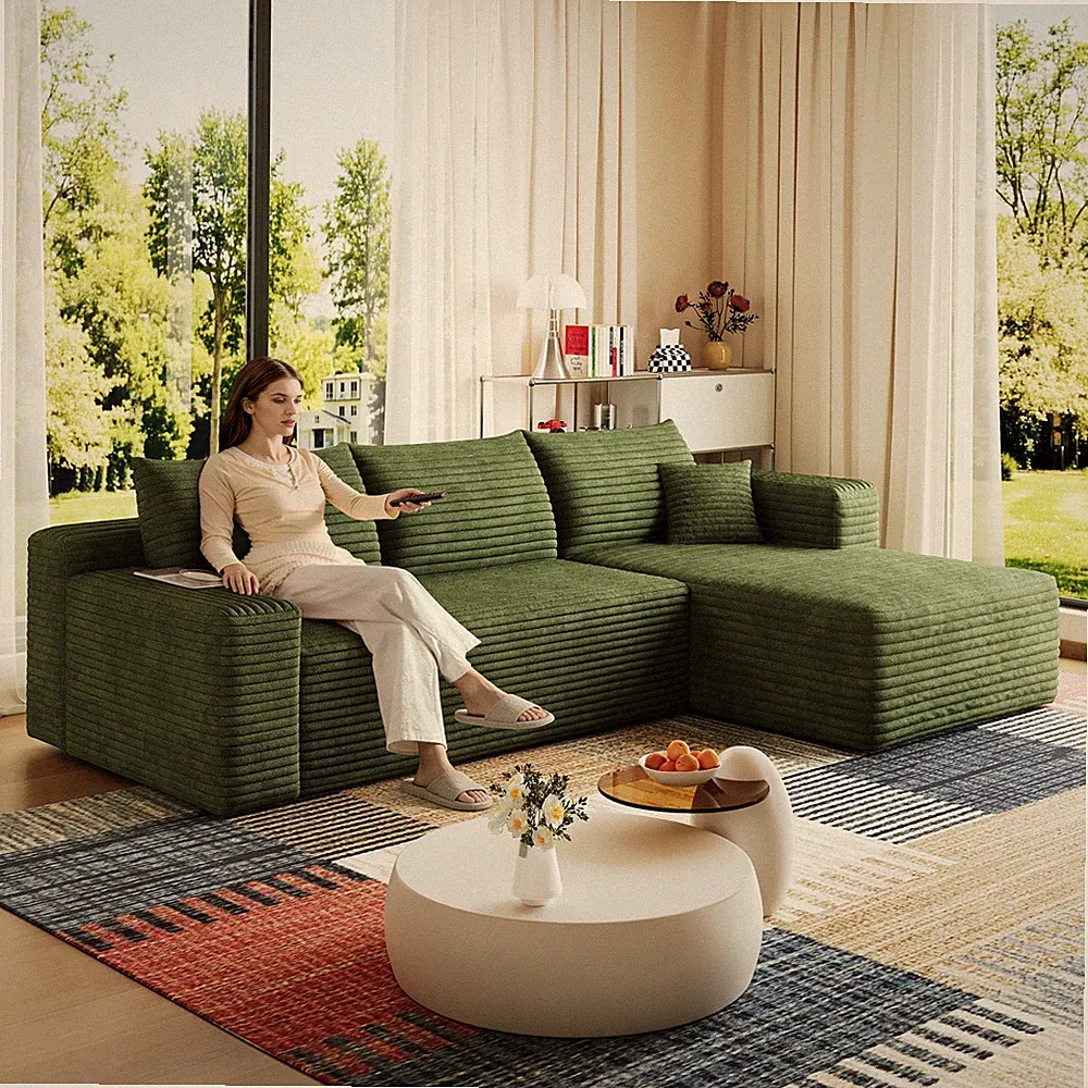 95" Green Cloud Sectional Sofa, Modern Minimalist Upholstered Couches, U Shaped