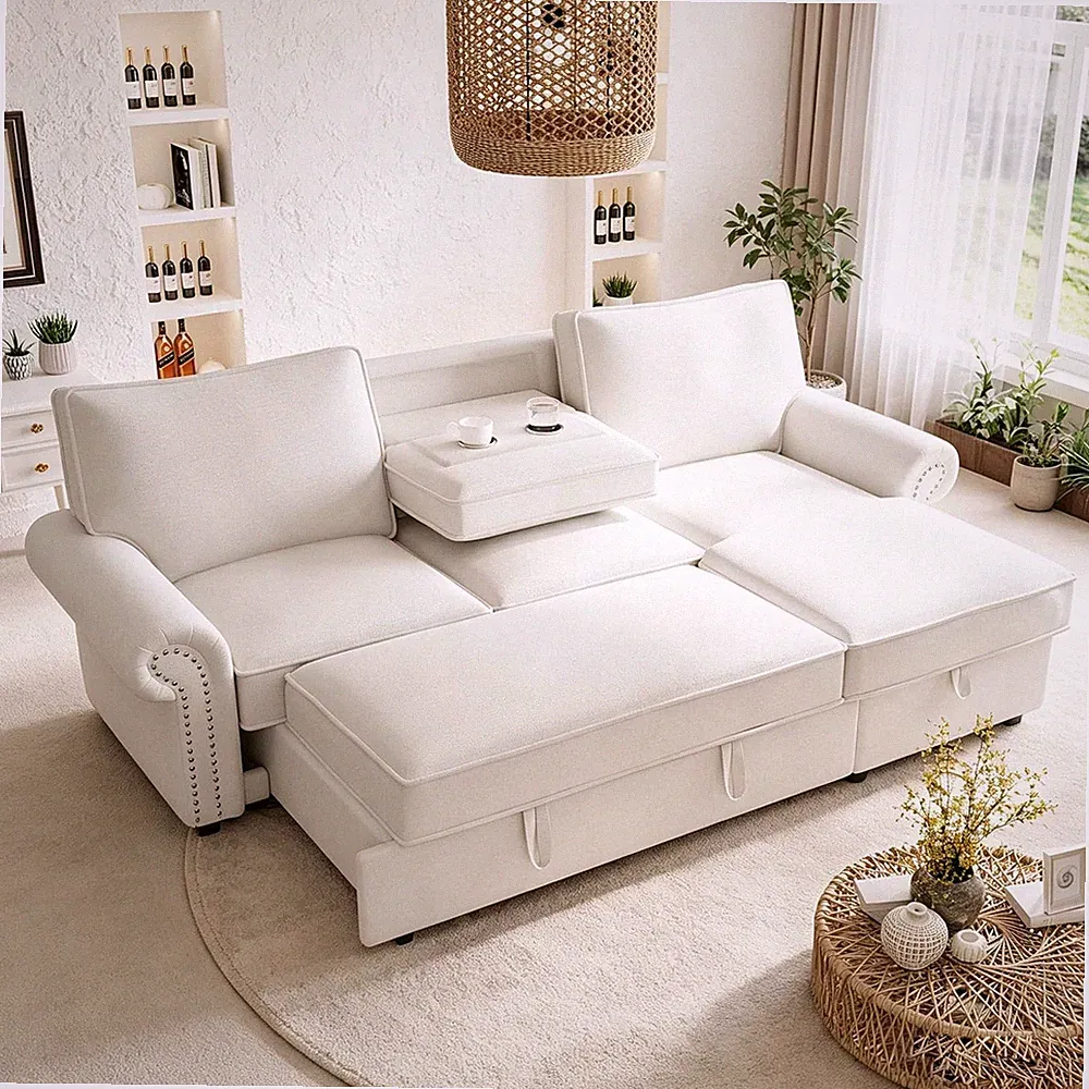 95-Inch L-Shaped Reversible Sleeper Sectional Sofa Oversized Corner Pull Out Sle