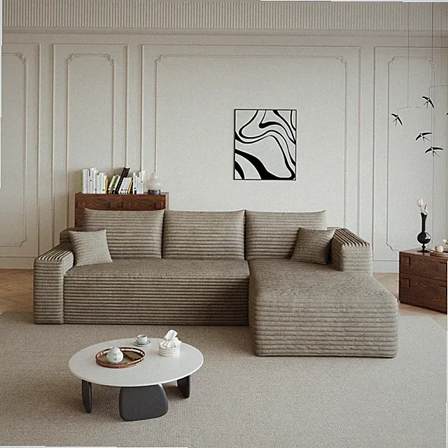 95" L Shaped Corduroy Sofa Cloud Boneless Sofa Set Right Chaise for Living Room
