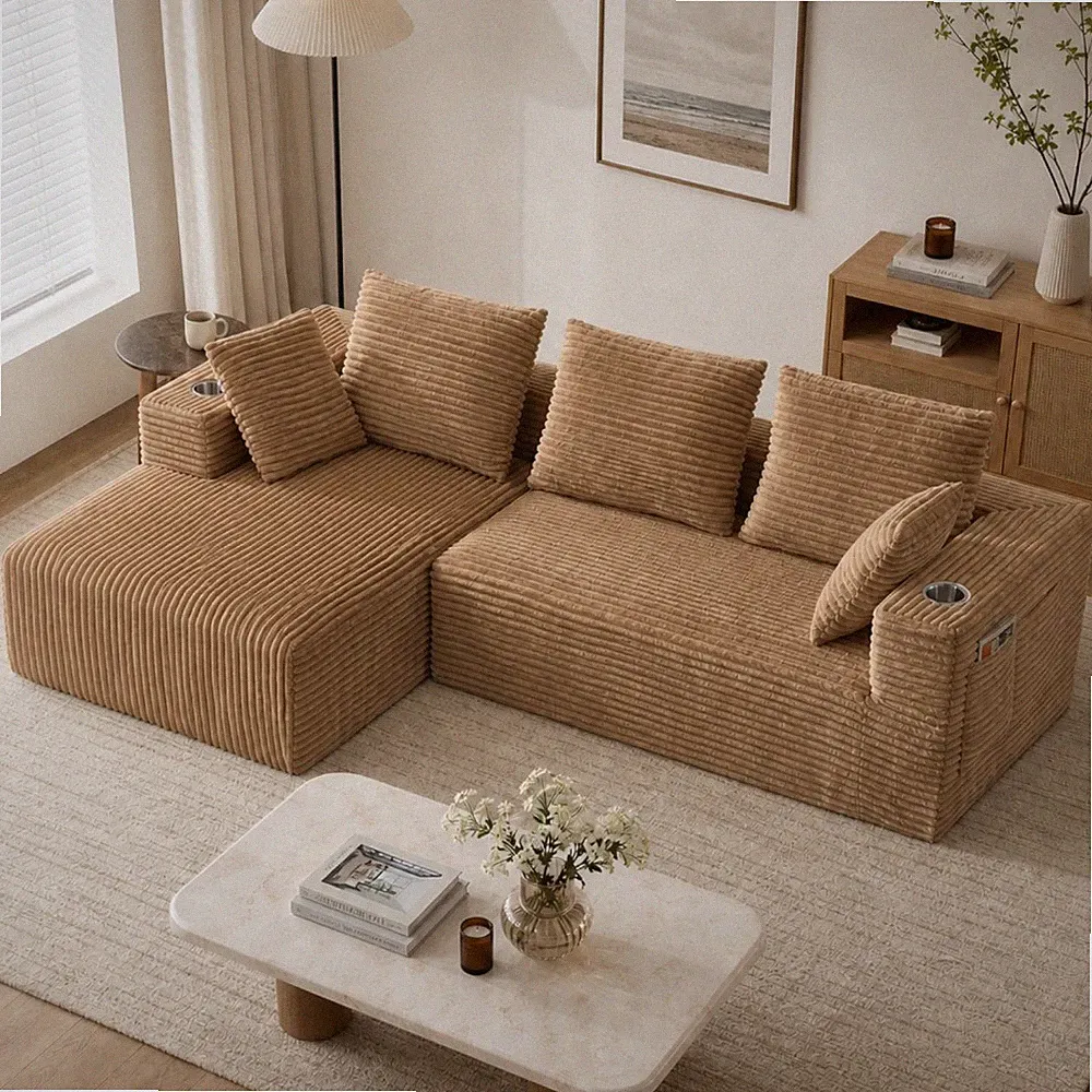 95" L-Shaped Modular Sectional Sofa, Left Chaise, Corduroy Couch w/ Cup Holders