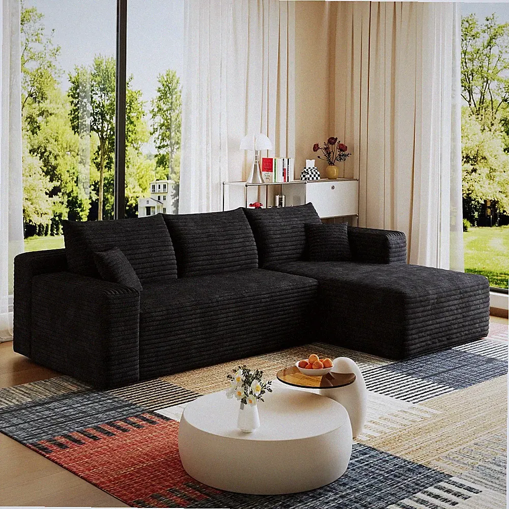 95" Modern Minimalist U-Shaped Sofa, Black Corduroy, No Assembly, Deep