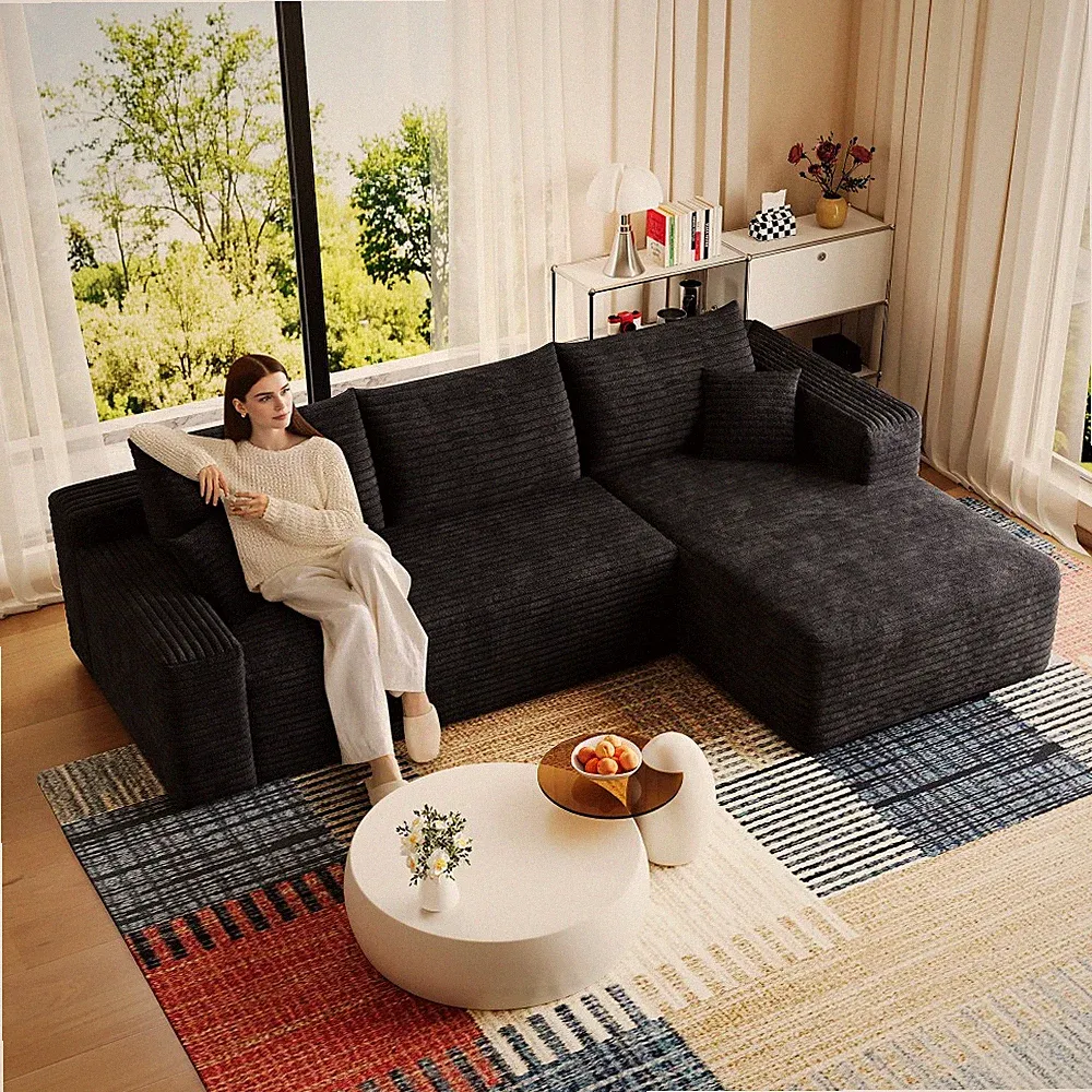 95" Modern Minimalist U-Shaped Sofa, Black Corduroy, No Assembly, Deep
