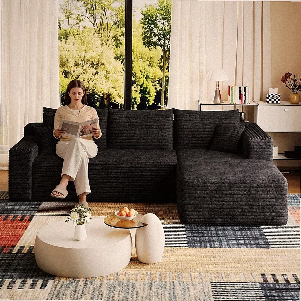 95" Modern Minimalist U-Shaped Sofa, Black Corduroy, No Assembly, Deep