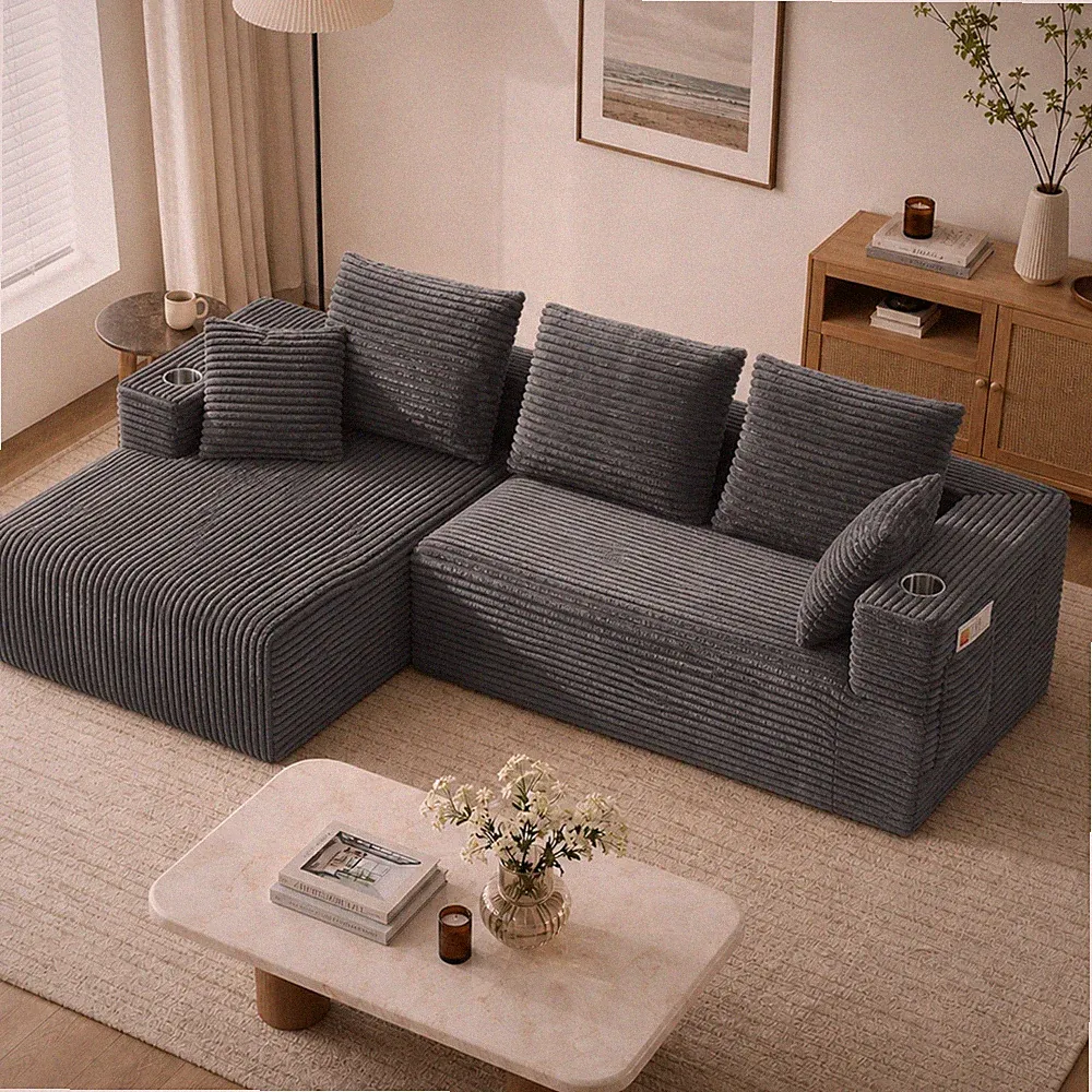 95" Modular L-Shaped 4-Seater Sofa Bed, Chaise Lounge, Corduroy Fabric, Gray