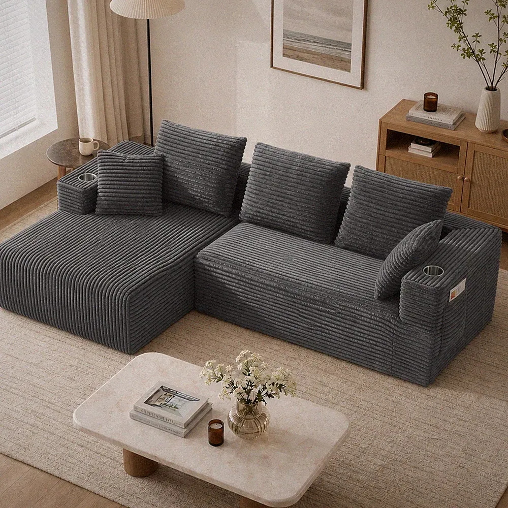 95'' Modular L-Shaped 4-Seater Sofa Bed with Chaise Lounge, Gray Corduroy