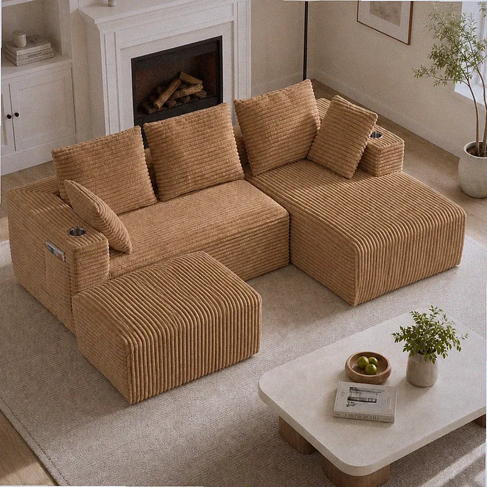 95" Modular Sectional Sofa 4-Seater L-Shape Sofa Right Chaise Ottoman Cup Holder