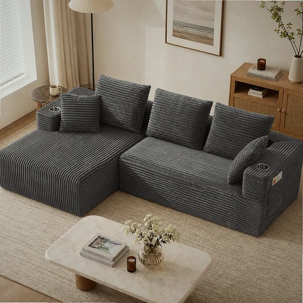95" Modular Sectional Sofa L-Shaped Left Chaise Corduroy Couch with Cup Holders