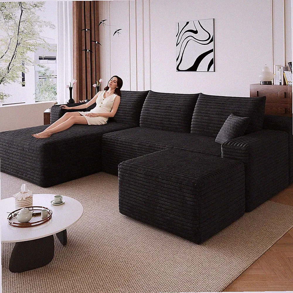 95" Modular Sectional Sofa with Ottoman, Modern Corduroy Cloud Couch with Deep S
