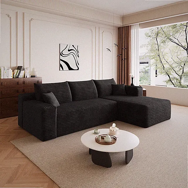 95" Right Facing Sectional Sofa Cloud Couch Corduroy Fabric Upholstered Black US