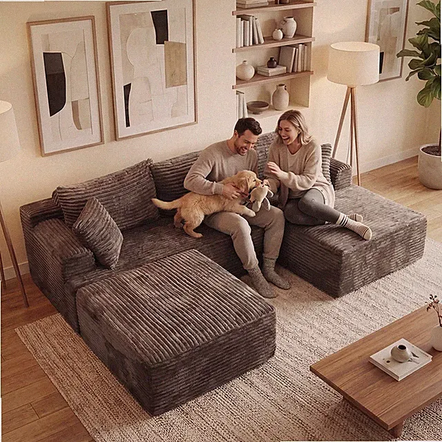 95" Sectional Sofa with Removable Ottoman ,Cloud Modular Sofa Bed Couch Boneless