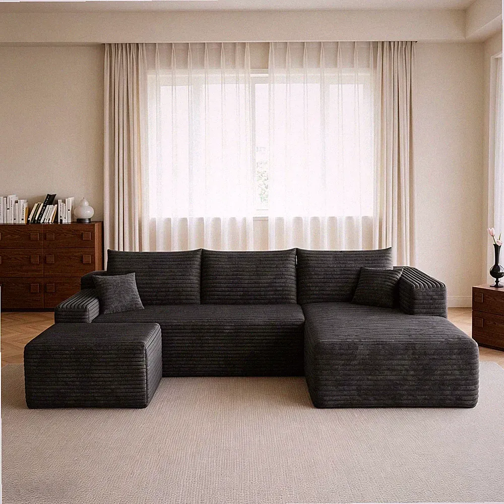 95" U Shaped Boneless Couch Sectional Memory Foam Sofa Right Chaise w/Ottoman