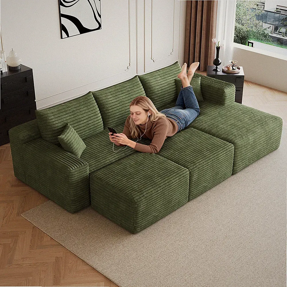 95" U-Shaped Cloud Sectional Sofa with 2 Ottomans, Green Plush Corduroy