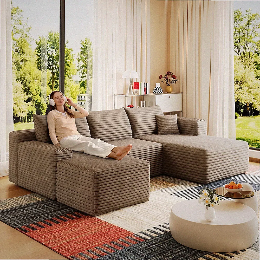 95" U-Shaped Cloud Sectional Sofa with Ottoman, Plush Corduroy, Camel