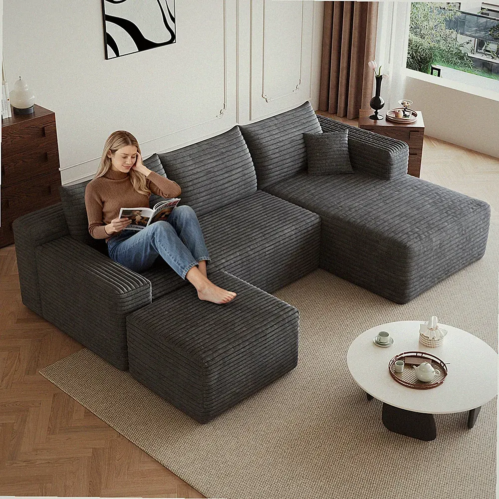 95" U-Shaped Cloud Sectional Sofa with Ottoman, Plush Corduroy, Dark Grey