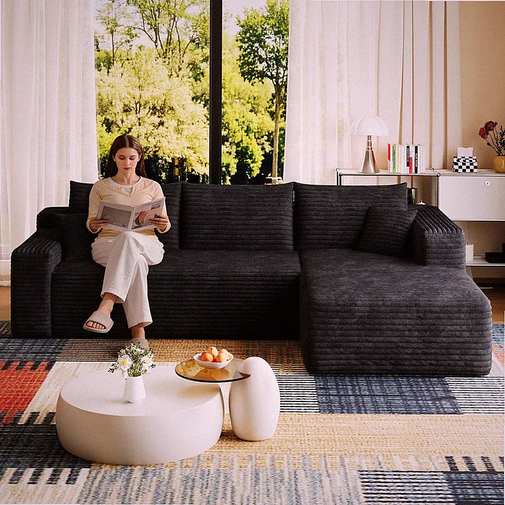 95" U-Shaped Sectional Sofa, Cloud Corner Couch, Black Corduroy Fabric