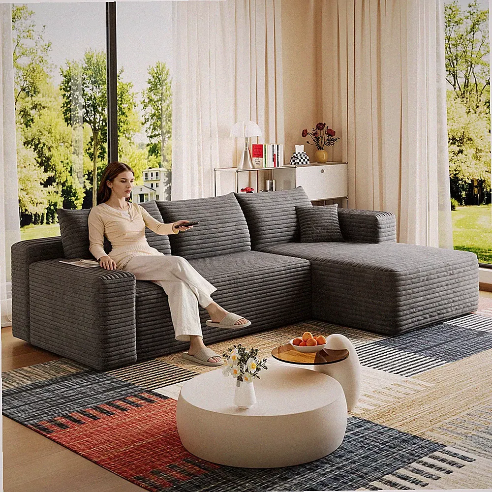 95" U-Shaped Sectional Sofa, Dark Grey Plush Corduroy Fabric, No Assembly