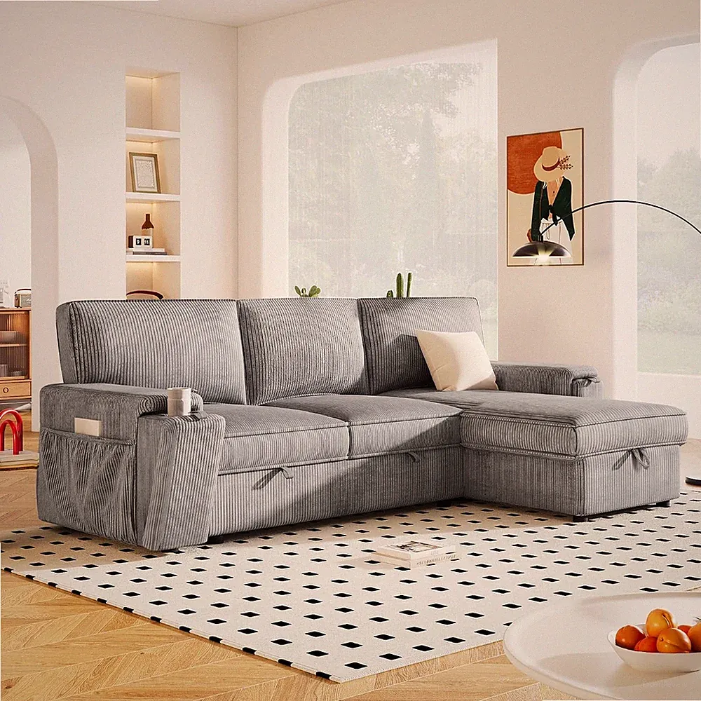 96.1" Upholstery Sleeper Sectional Sleeper Sofa, L-Shaped Couches with Storage C