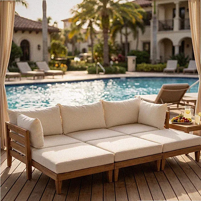 96.3" W Acacia Wood Patio Daybed Sofa Set 6-Piece w/ 6 Cushions