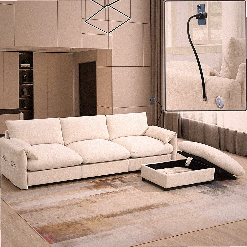 96.5 Inch L-Shaped Sectional Sofa with Storage Ottoman, Deep Seat, Red Fabric