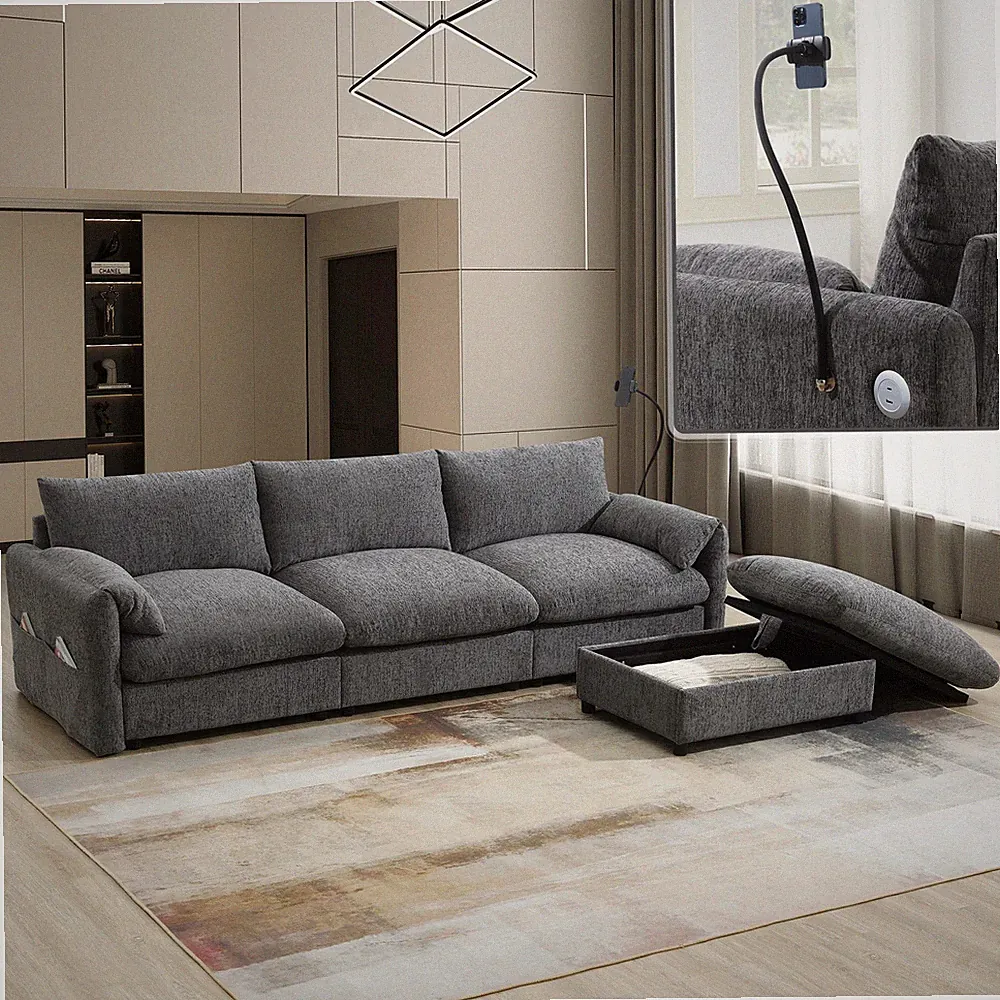 96.5'' L-Shaped Sectional Sofa with Storage Ottoman and Pockets, Adjustable