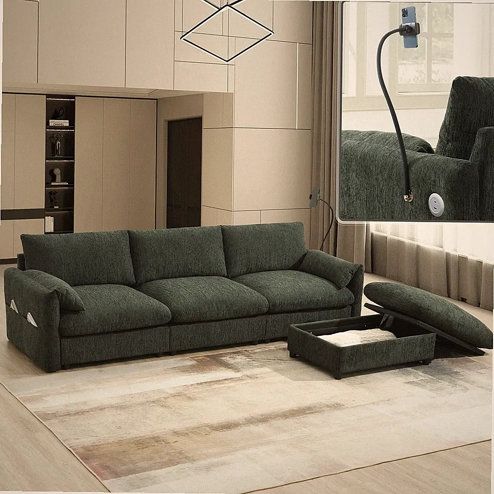 96.5'' L-Shaped Sectional Sofa with Storage Ottoman and Pockets, Adjustable