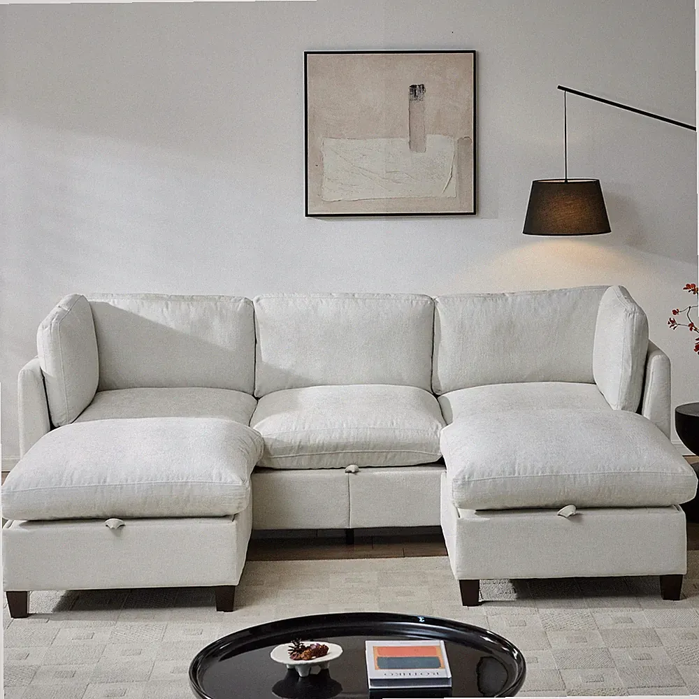 96.5" U-Shape Chenille Sectional Sofa with Storage, 3-Seater & 2 Ottomans, Beige