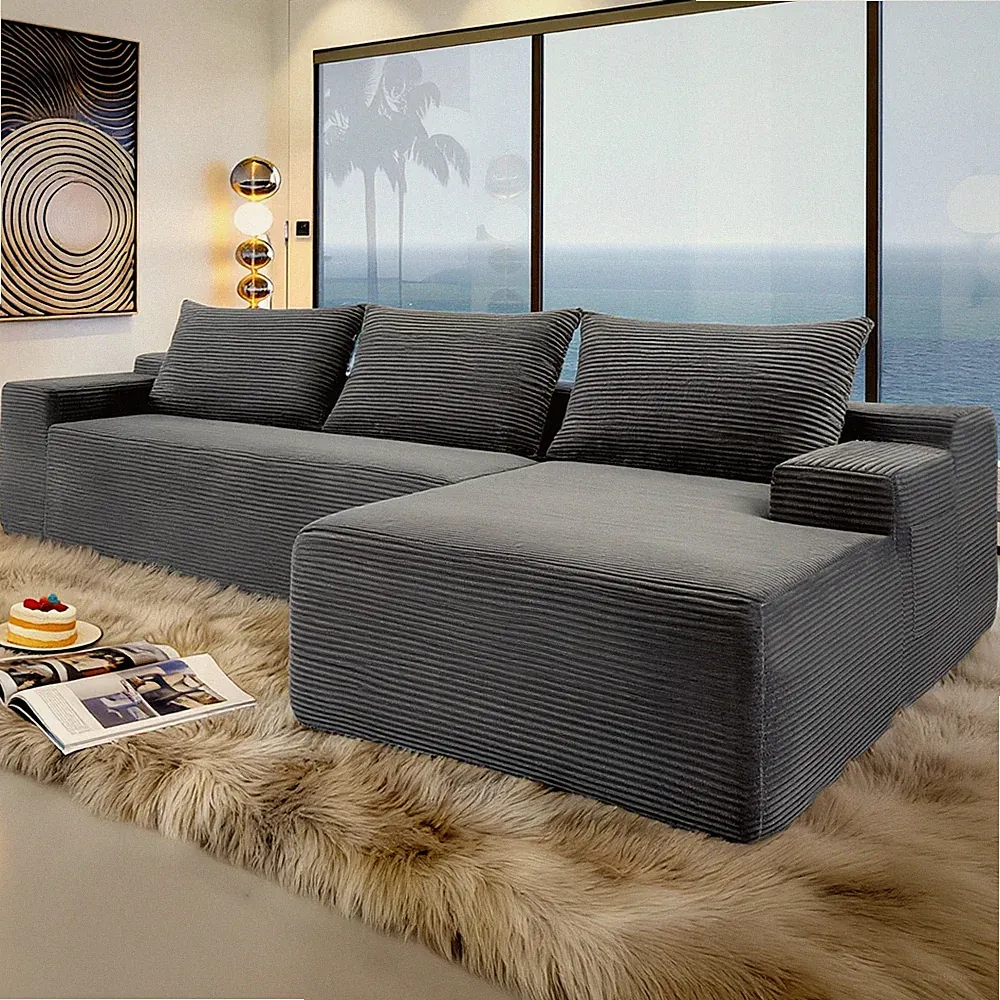 96.7" L-Shape Chaise Modular Sectional Sofa, Corduroy Fabric, Grey