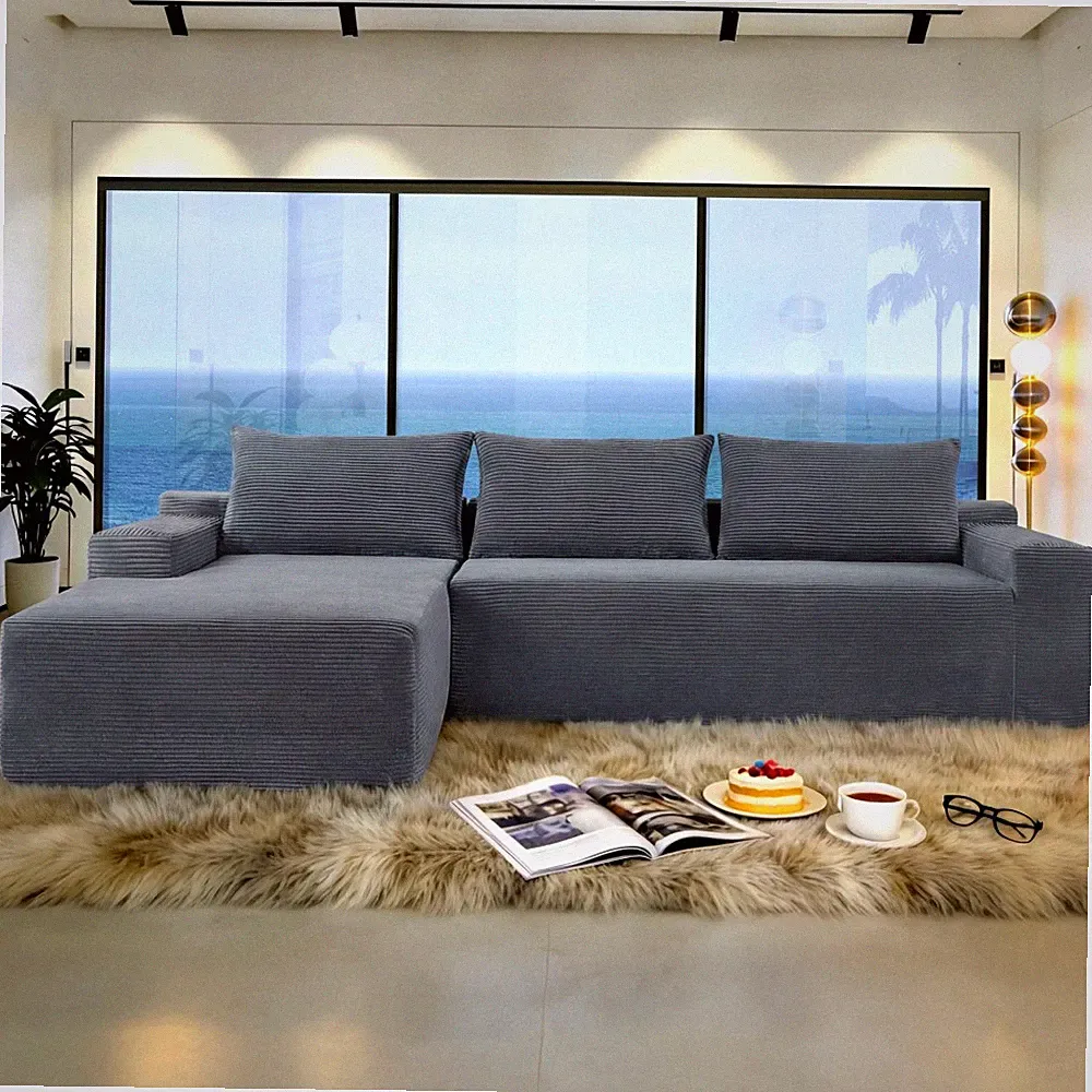 96.9" Cloud Sectional Sofa U-Shaped Chaise Plush Corduroy Grey Blue Left
