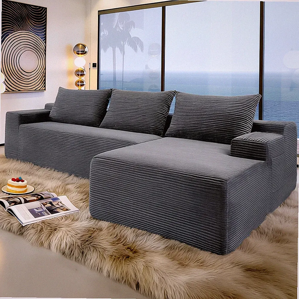 96.9" Compressible Double Cloud Sectional Couch L-Shape Chaise Grey