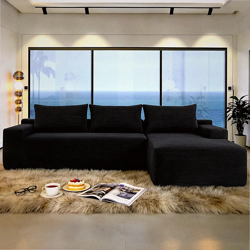 96.9" L-Shape Chaise Sectional Sofa, Corduroy Fabric, Black, Right