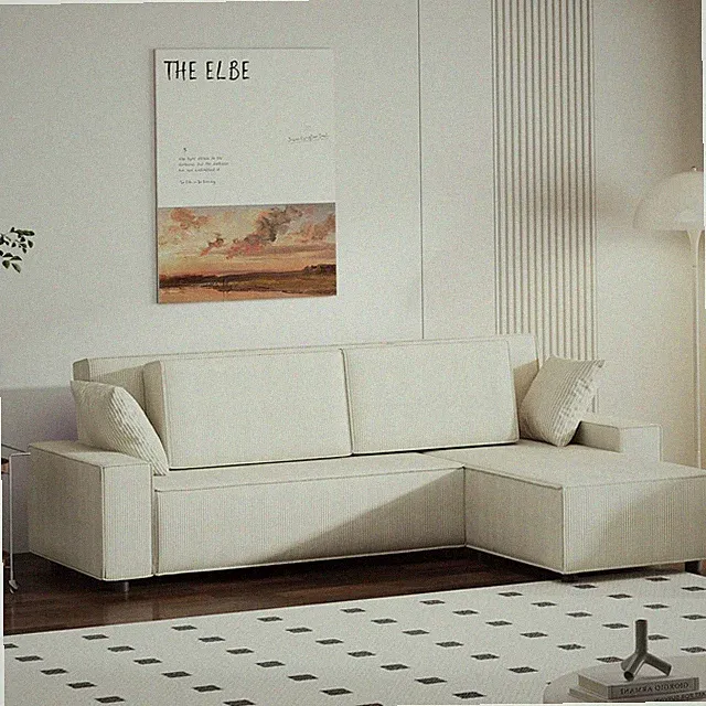 96" Cloud Couch Sectional w/Ottoman, Corduroy Sofa, Beige/Charcoal/Black