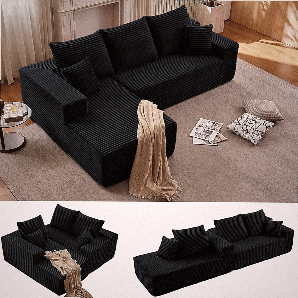 96" Cloud Sectional Couch with L-Shape Chaise, Modern Corduroy Boneless Couch fo