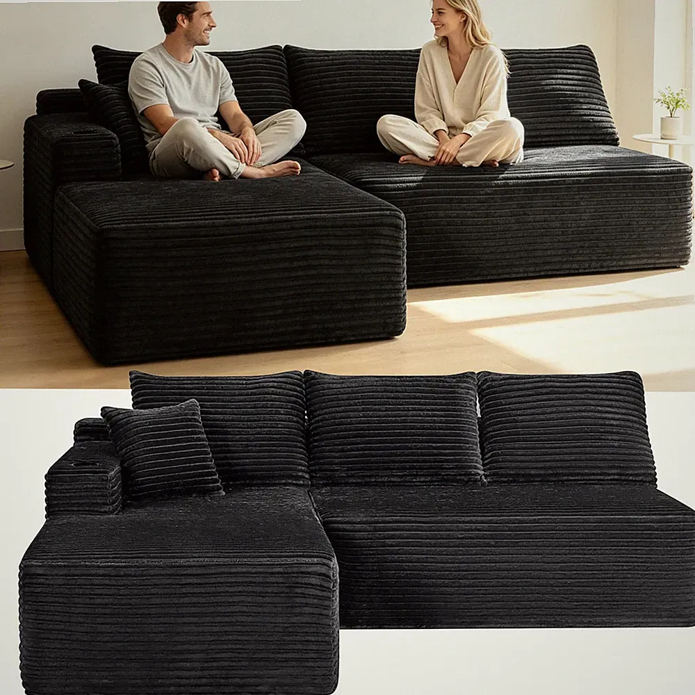 96" Cloud Sectional Couch with L-Shape Chaise Modular Plush Corduroy Fabric Sofa