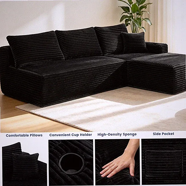 96" Cloud Sectional Couch with L-Shape Chaise Plush Corduroy Modern Modular Sofa