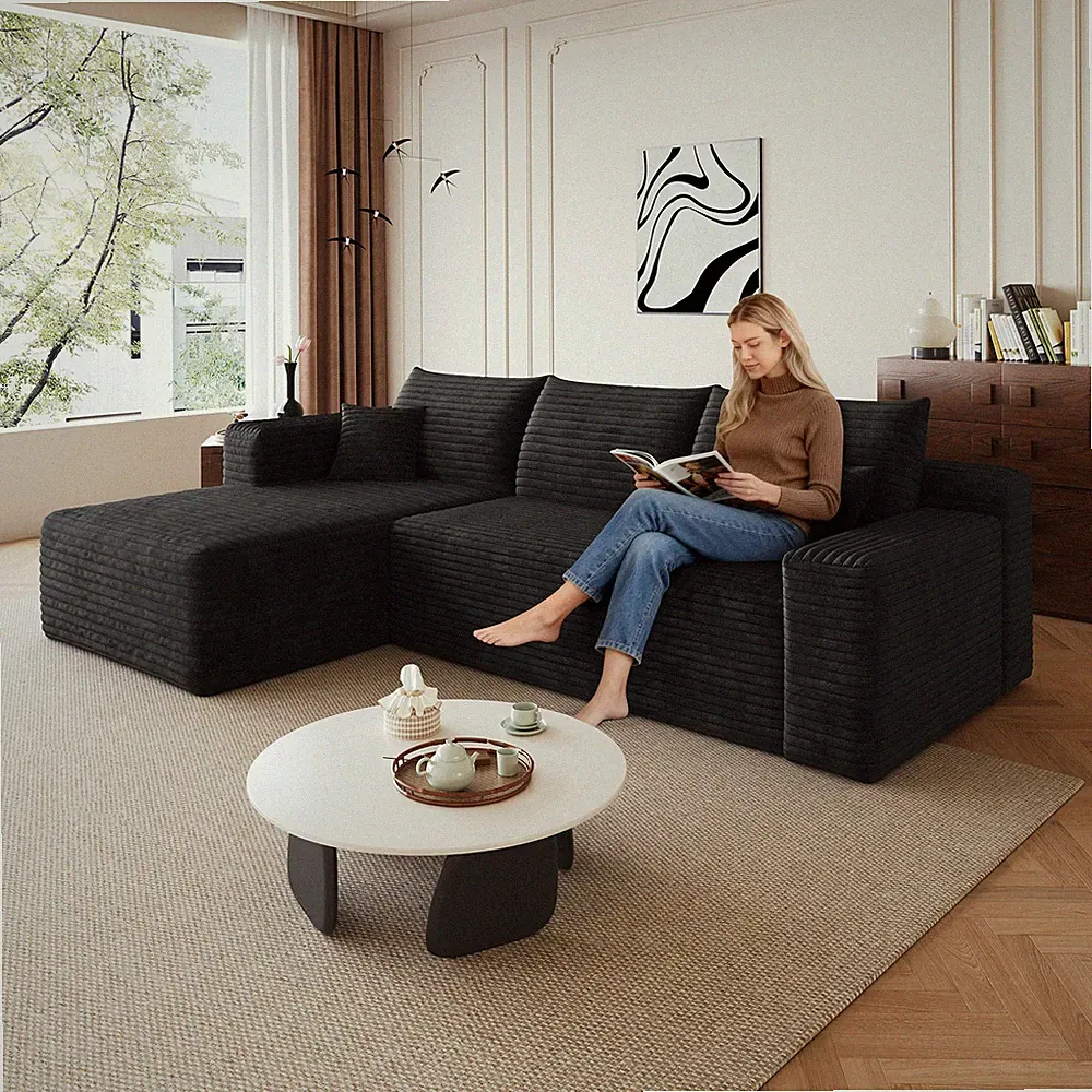 96" Cloud Sectional Sofa, U-Shaped Corner Couch, Plush Corduroy, Black