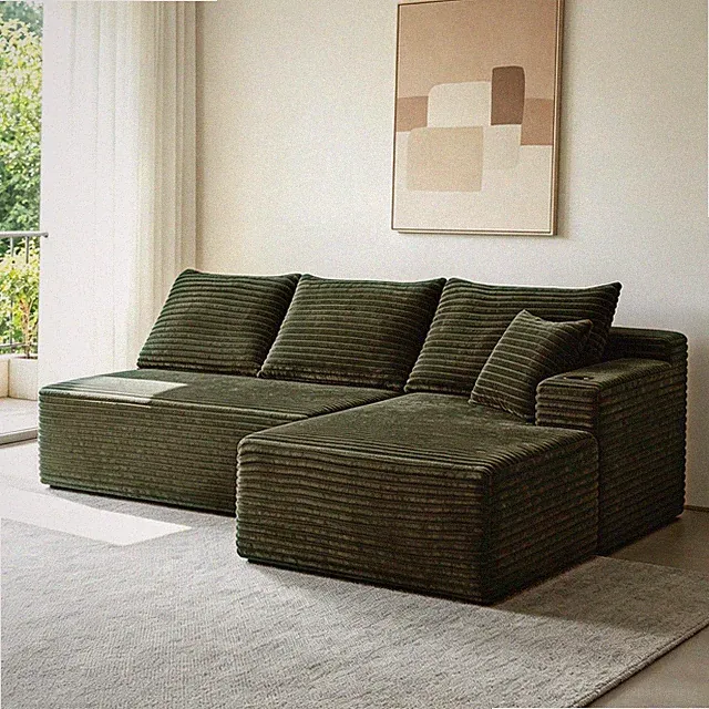 96" Cloud Sectional Sofa with L-Shape Chaise, Plush Green Corduroy Fabric