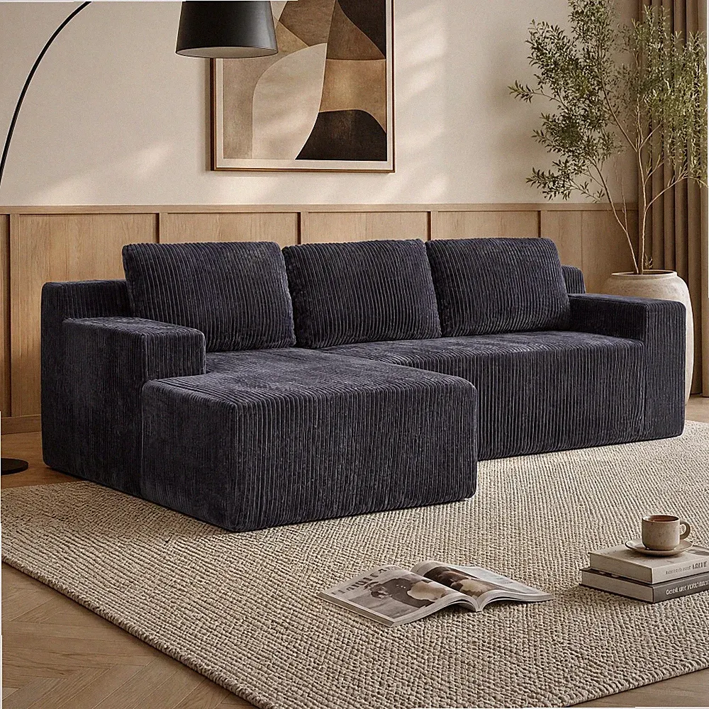 96" Corduroy Modular Sectional Sofa Grey L-Shape Couch No Assembly Left Chaise